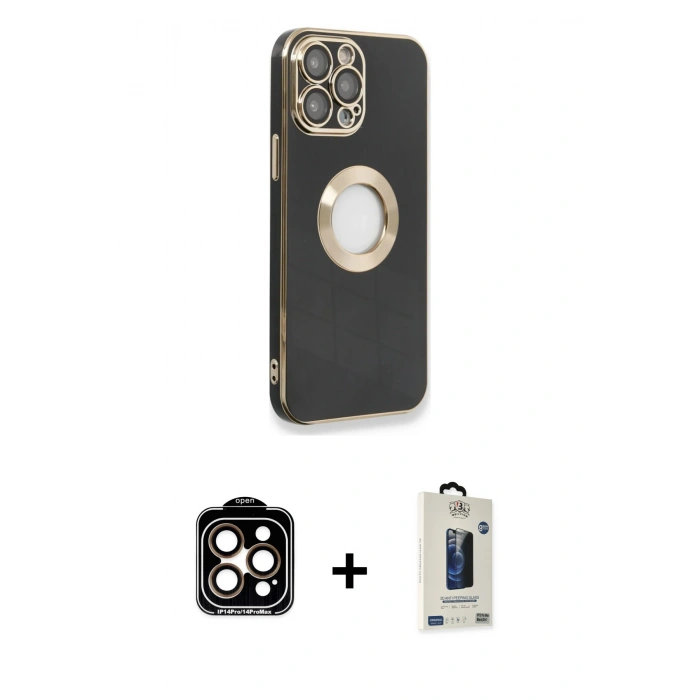 MARSİLYAN™- iPhone 14 Pro Max Kılıf İz Form Serisi - Siyah Bilvis Hayalet Cam Ekran Koruyucu + PVD Metal Kamera Lens - TU