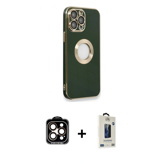 MARSİLYAN™- iPhone 14 Pro Max Kılıf İz Form Serisi - Siyah Bilvis Hayalet Cam Ekran Koruyucu + PVD Metal Kamera Lens - TU