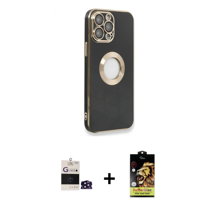 MARSİLYAN™- iPhone 14 Pro Max Kılıf İz Form Serisi - Siyah Buffer Cam Ekran Koruyucu + Bilvis Titan Kamera Lens - DNMR