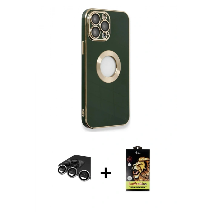 MARSİLYAN™- iPhone 14 Pro Max Kılıf İz Form Serisi - Siyah Buffer Cam Ekran Koruyucu + Raze Metal Kamera Lens - GS