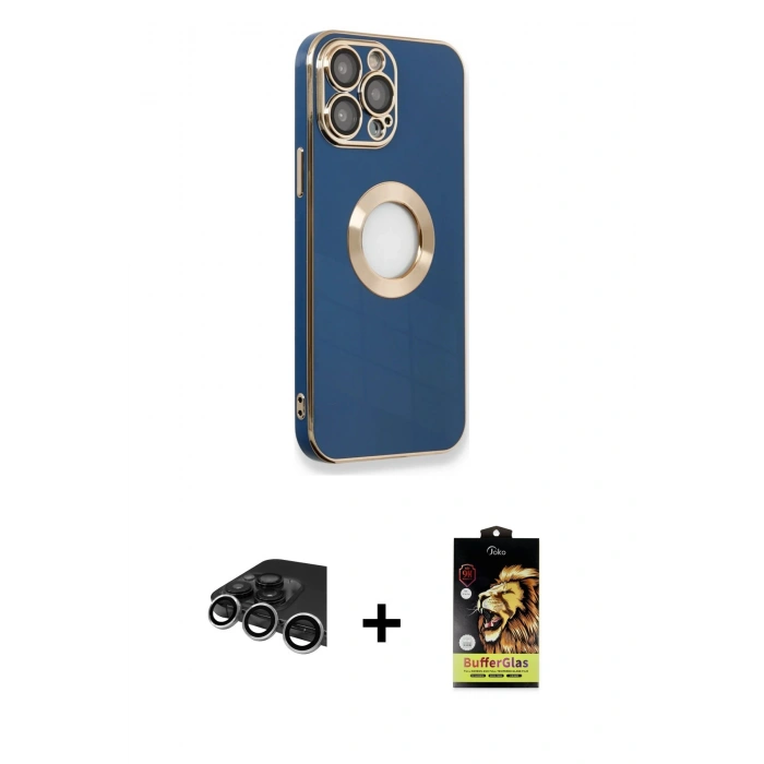 MARSİLYAN™- iPhone 14 Pro Max Kılıf İz Form Serisi - Siyah Buffer Cam Ekran Koruyucu + Raze Metal Kamera Lens - GS