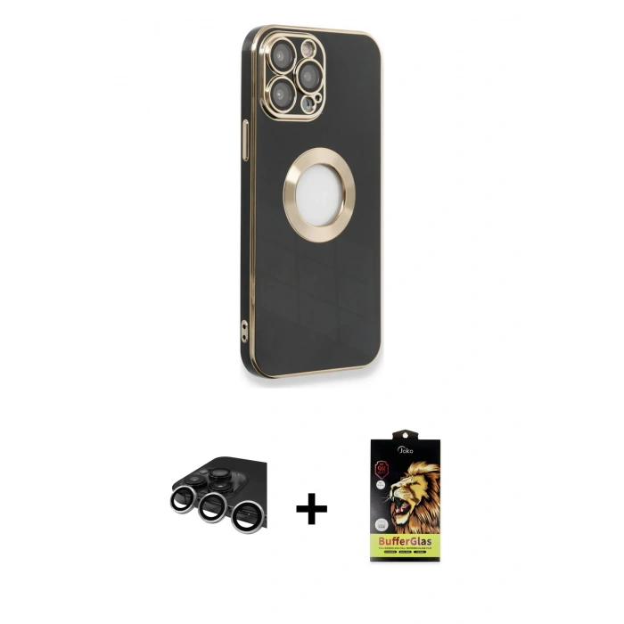 MARSİLYAN™- iPhone 14 Pro Max Kılıf İz Form Serisi - Siyah Buffer Cam Ekran Koruyucu + Raze Metal Kamera Lens - GS