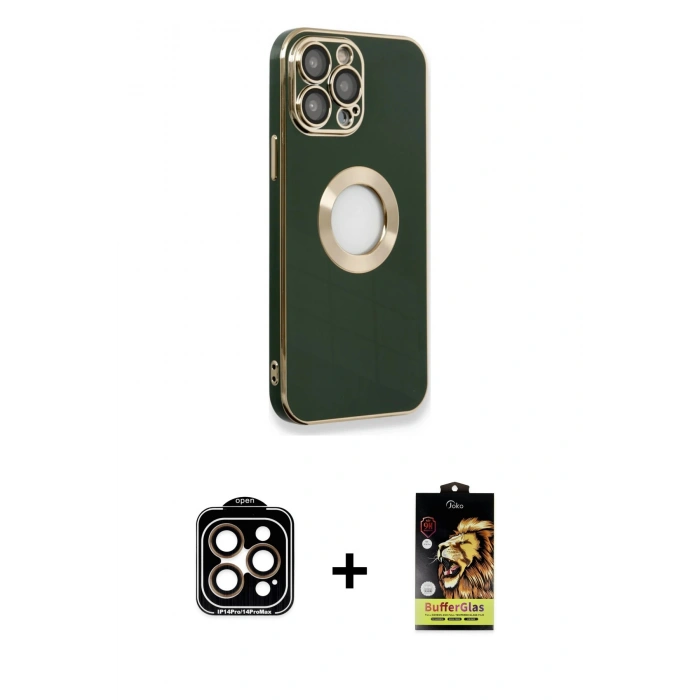 MARSİLYAN™- iPhone 14 Pro Max Kılıf İz Form Serisi - Siyah Buffer Cam Ekran Koruyucu + PVD Metal Kamera Lens - TU