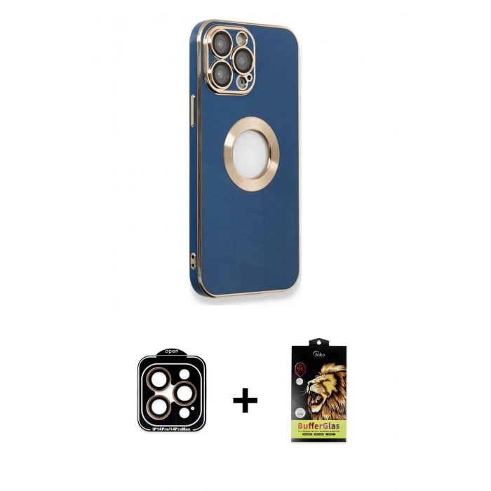 MARSİLYAN™- iPhone 14 Pro Max Kılıf İz Form Serisi - Siyah Buffer Cam Ekran Koruyucu + PVD Metal Kamera Lens - TU