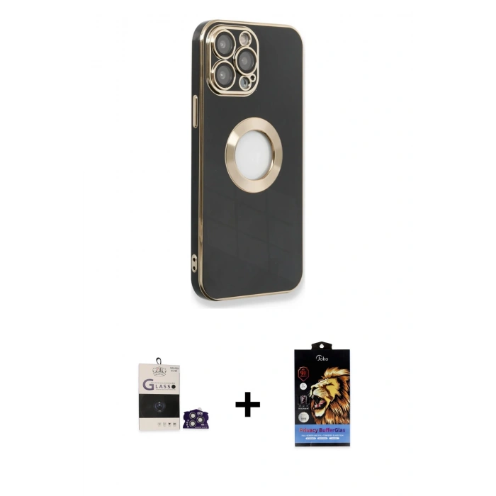 MARSİLYAN™- iPhone 14 Pro Max Kılıf İz Form Serisi - Siyah Buffer Hayalet Cam Ekran Koruyucu + Bilvis Titan Kamera Lens - GS