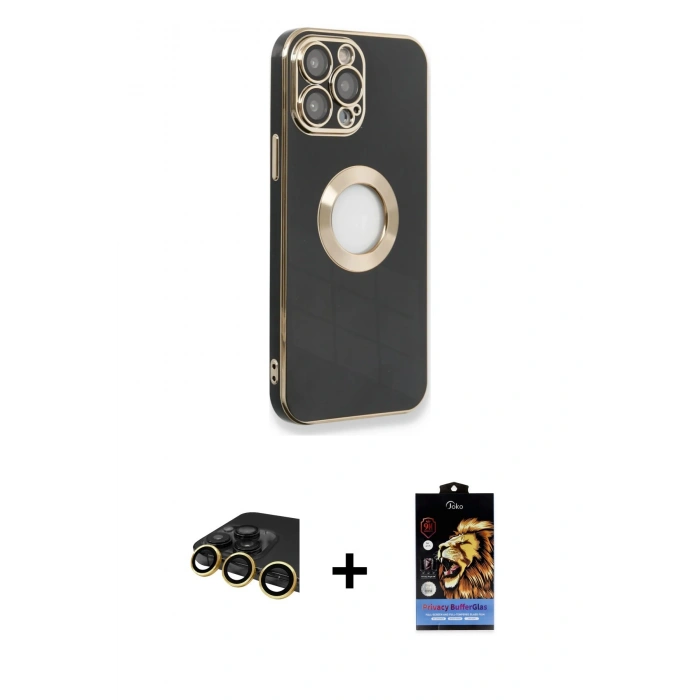 MARSİLYAN™- iPhone 14 Pro Max Kılıf İz Form Serisi - Siyah Buffer Hayalet Cam Ekran Koruyucu + Raze Metal Kamera Lens - GD