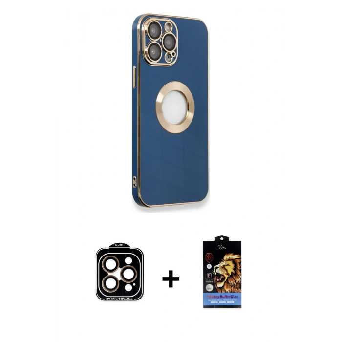 MARSİLYAN™- iPhone 14 Pro Max Kılıf İz Form Serisi - Siyah Buffer Hayalet Cam Ekran Koruyucu + PVD Metal Kamera Lens - TU