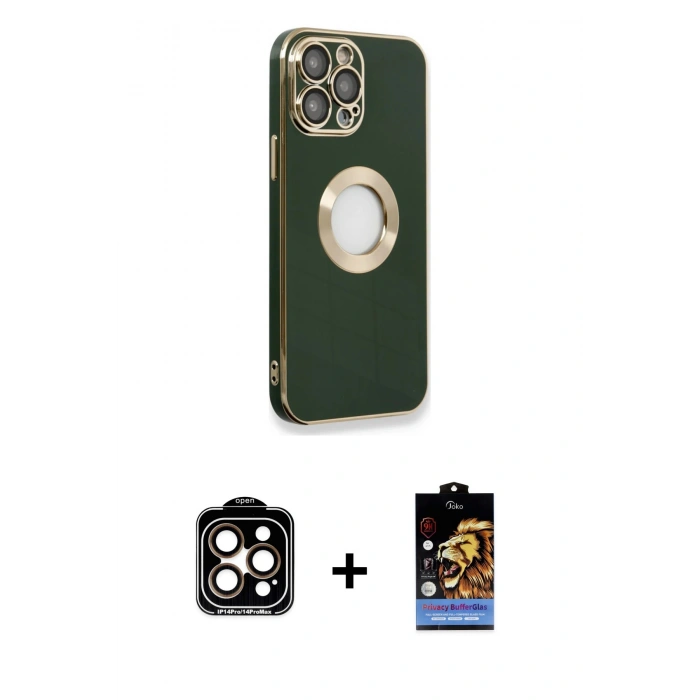MARSİLYAN™- iPhone 14 Pro Max Kılıf İz Form Serisi - Siyah Buffer Hayalet Cam Ekran Koruyucu + PVD Metal Kamera Lens - TU