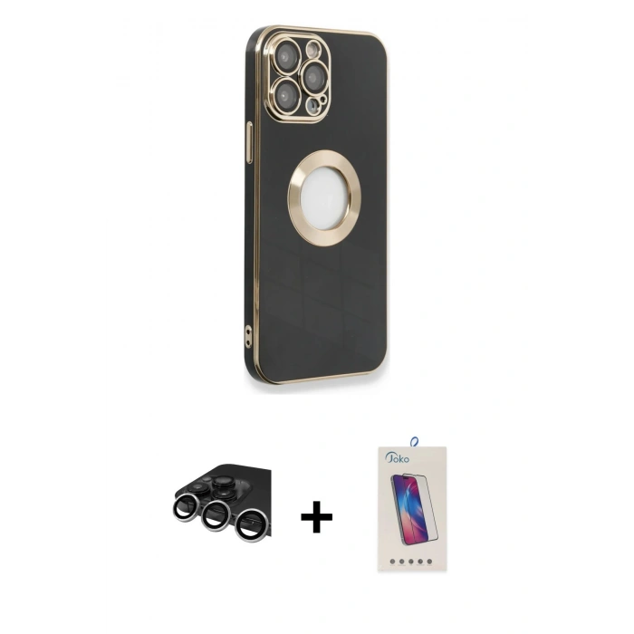 MARSİLYAN™- iPhone 14 Pro Max Kılıf İz Form Serisi - Siyah Joko 5D Cam + Raze Metal Kamera Lens - GS