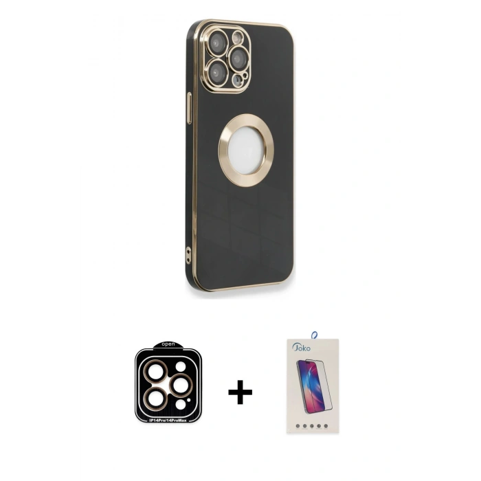 MARSİLYAN™- iPhone 14 Pro Max Kılıf İz Form Serisi - Siyah Joko 5D Cam + PVD Metal Kamera Lens - TU