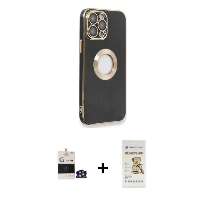 MARSİLYAN™- iPhone 14 Pro Max Kılıf İz Form Serisi - Siyah Mat Seramik Nano Ekran Koruyucu + Bilvis Titan Kamera Lens - GD