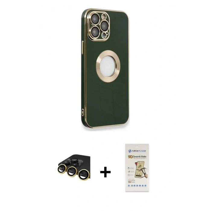 MARSİLYAN™- iPhone 14 Pro Max Kılıf İz Form Serisi - Siyah Mat Seramik Nano Ekran Koruyucu + Gold Raze Metal Kamera Lens