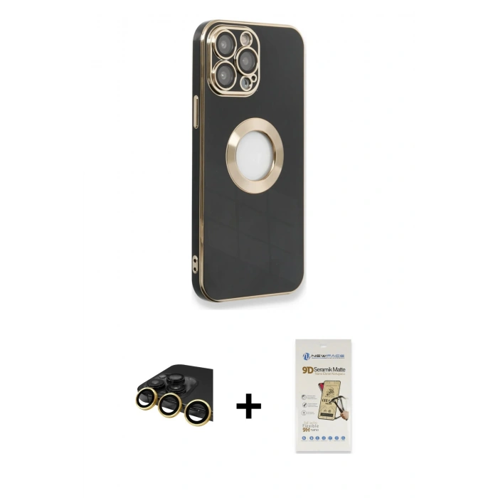 MARSİLYAN™- iPhone 14 Pro Max Kılıf İz Form Serisi - Siyah Mat Seramik Nano Ekran Koruyucu + Gold Raze Metal Kamera Lens