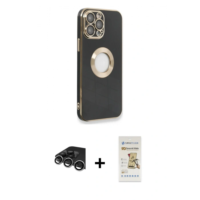 MARSİLYAN™- iPhone 14 Pro Max Kılıf İz Form Serisi - Siyah Mat Seramik Nano Ekran Koruyucu + Gümüş Raze Metal Kamera Lens