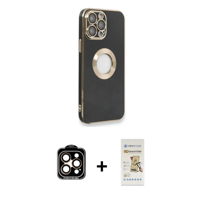 MARSİLYAN™- iPhone 14 Pro Max Kılıf İz Form Serisi - Siyah Mat Seramik Nano Ekran Koruyucu + PVD Metal Kamera Lens - TU