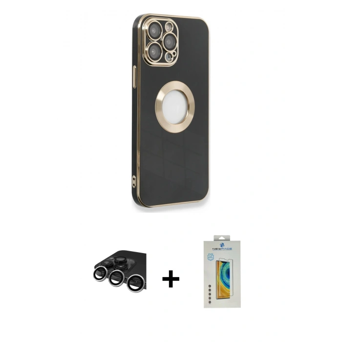 MARSİLYAN™- iPhone 14 Pro Max Kılıf İz Form Serisi - Siyah Polymer Nano Ekran Koruyucu + Raze Metal Kamera Lens - GS