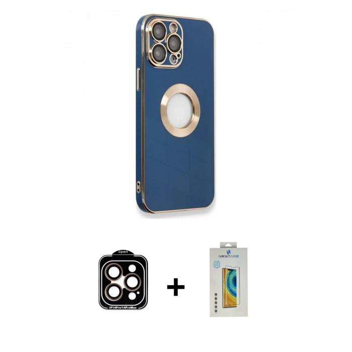 MARSİLYAN™- iPhone 14 Pro Max Kılıf İz Form Serisi - Siyah Polymer Nano Ekran Koruyucu + PVD Metal Kamera Lens - TU