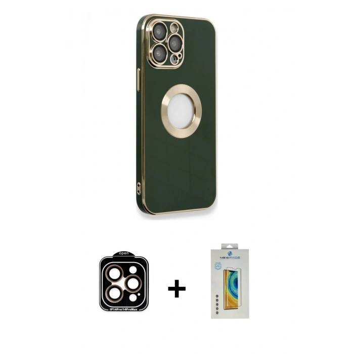 MARSİLYAN™- iPhone 14 Pro Max Kılıf İz Form Serisi - Siyah Polymer Nano Ekran Koruyucu + PVD Metal Kamera Lens - TU