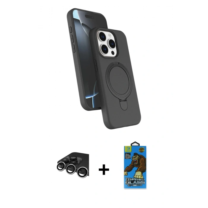 MARSİLYAN™- iPhone 14 Pro Max Kılıf İz Işık Koleksiyonu - Siyah 18D Cam Ekran Koruyucu + Raze Metal Kamera Lens - GS