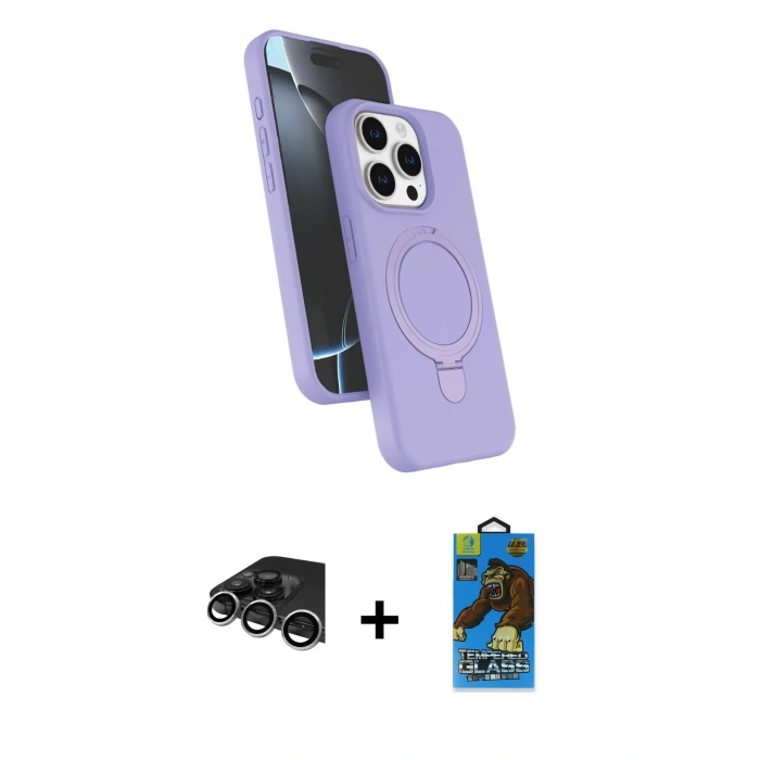 MARSİLYAN™- iPhone 14 Pro Max Kılıf İz Işık Koleksiyonu - Siyah 18D Cam Ekran Koruyucu + Raze Metal Kamera Lens - GS