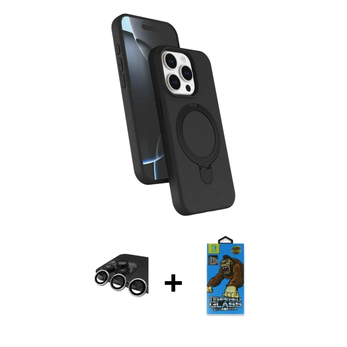 MARSİLYAN™- iPhone 14 Pro Max Kılıf İz Işık Koleksiyonu - Siyah 18D Cam Ekran Koruyucu + Raze Metal Kamera Lens - GS