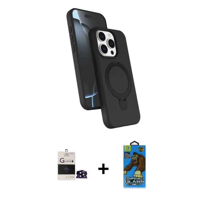 MARSİLYAN™- iPhone 14 Pro Max Kılıf İz Işık Koleksiyonu - Siyah 18D Cam Ekran Koruyucu + Bilvis Titan Kamera Lens - SH