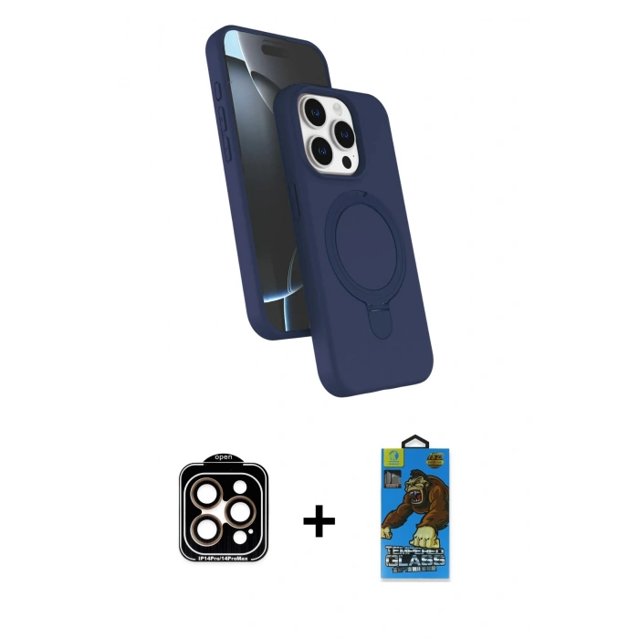 MARSİLYAN™- iPhone 14 Pro Max Kılıf İz Işık Koleksiyonu - Siyah 18D Cam Ekran Koruyucu + PVD Metal Kamera Lens - TU