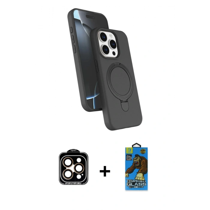 MARSİLYAN™- iPhone 14 Pro Max Kılıf İz Işık Koleksiyonu - Siyah 18D Cam Ekran Koruyucu + PVD Metal Kamera Lens - TU