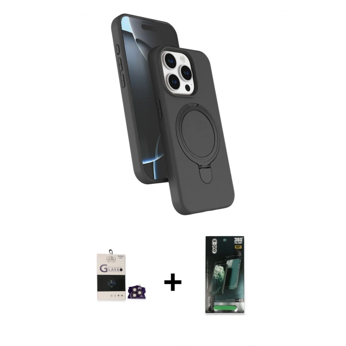 MARSİLYAN™- iPhone 14 Pro Max Kılıf İz Işık Koleksiyonu - Siyah 360 Mat Full Body Arka Koruyucu + Bilvis Titan Kamera Lens - GD
