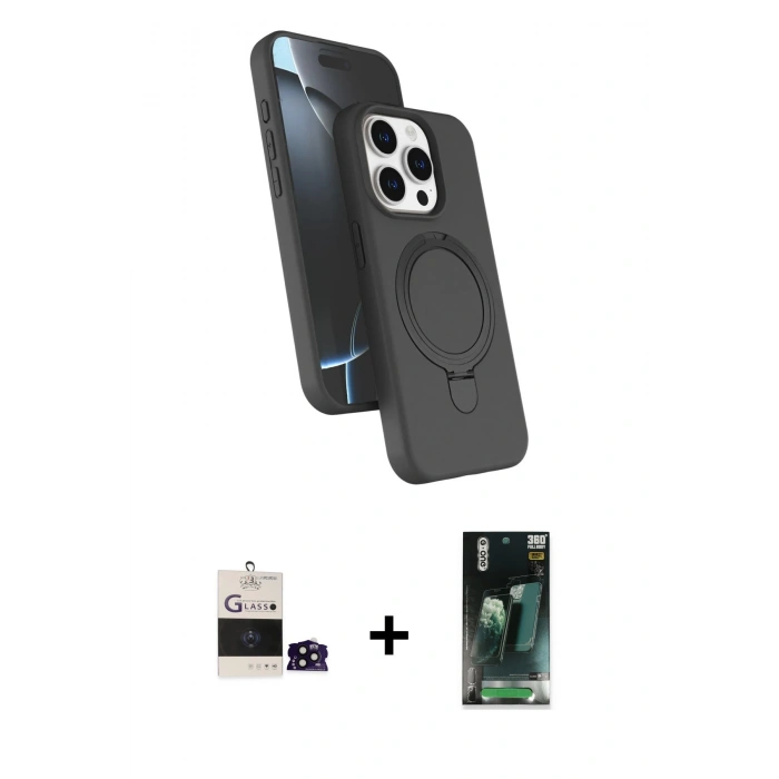 MARSİLYAN™- iPhone 14 Pro Max Kılıf İz Işık Koleksiyonu - Siyah 360 Mat Full Body Arka Koruyucu + Bilvis Titan Kamera Lens - SH