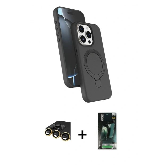 MARSİLYAN™- iPhone 14 Pro Max Kılıf İz Işık Koleksiyonu - Siyah 360 Mat Full Body Arka Koruyucu + Raze Metal Kamera Lens - GD