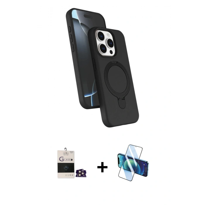 MARSİLYAN™- iPhone 14 Pro Max Kılıf İz Işık Koleksiyonu - Siyah 3D Antistatik Cam Ekran Koruyucu + Bilvis Titan Kamera Lens - GD