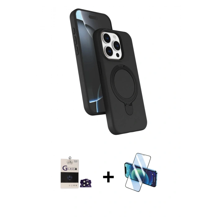 MARSİLYAN™- iPhone 14 Pro Max Kılıf İz Işık Koleksiyonu - Siyah 3D Antistatik Cam Ekran Koruyucu + Derin Mor Bilvis Titan Kamera Lens