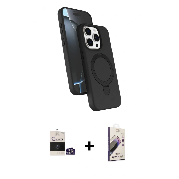 MARSİLYAN™- iPhone 14 Pro Max Kılıf İz Işık Koleksiyonu - Siyah Bilvis 3D Mat Cam Ekran Koruyucu + Bilvis Titan Kamera Lens - GS