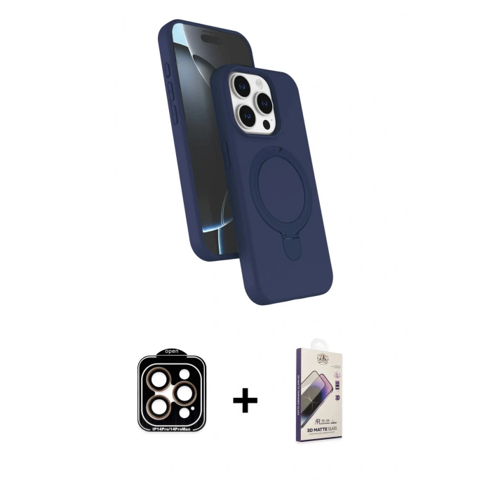 MARSİLYAN™- iPhone 14 Pro Max Kılıf İz Işık Koleksiyonu - Siyah Bilvis 3D Mat Cam Ekran Koruyucu + PVD Metal Kamera Lens - TU