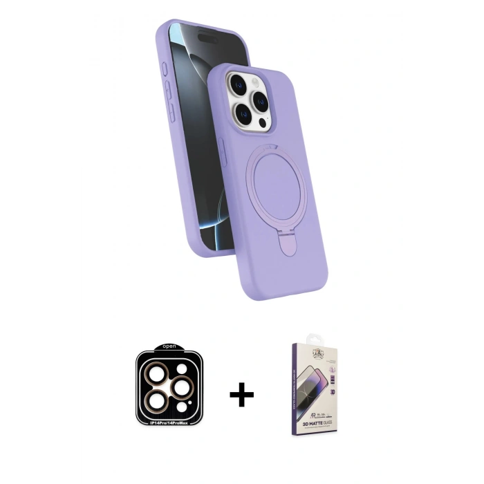 MARSİLYAN™- iPhone 14 Pro Max Kılıf İz Işık Koleksiyonu - Siyah Bilvis 3D Mat Cam Ekran Koruyucu + PVD Metal Kamera Lens - TU