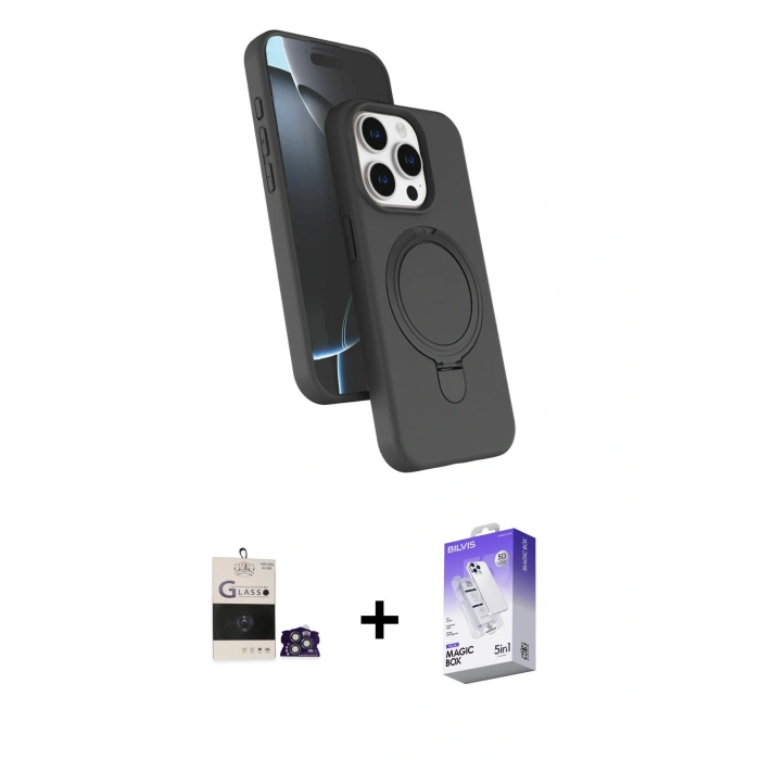 MARSİLYAN™- iPhone 14 Pro Max Kılıf İz Işık Koleksiyonu - Siyah Bilvis 5in1 3D Magic Cam Ekran Koruyucu + Bilvis Titan Kamera Lens - GS