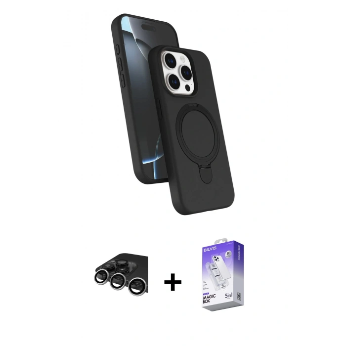 MARSİLYAN™- iPhone 14 Pro Max Kılıf İz Işık Koleksiyonu - Siyah Bilvis 5in1 3D Magic Cam Ekran Koruyucu + Raze Metal Kamera Lens - GS