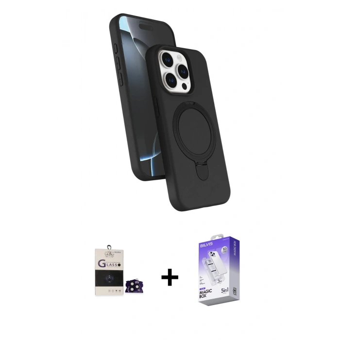 MARSİLYAN™- iPhone 14 Pro Max Kılıf İz Işık Koleksiyonu - Siyah Bilvis 5in1 3D Magic Cam Ekran Koruyucu + Bilvis Titan Kamera Lens - SH
