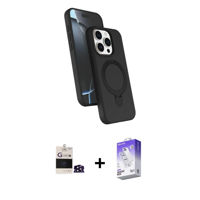 MARSİLYAN™- iPhone 14 Pro Max Kılıf İz Işık Koleksiyonu - Siyah Bilvis 5in1 3D Magic Cam Ekran Koruyucu + Bilvis Titan Kamera Lens - DNMR