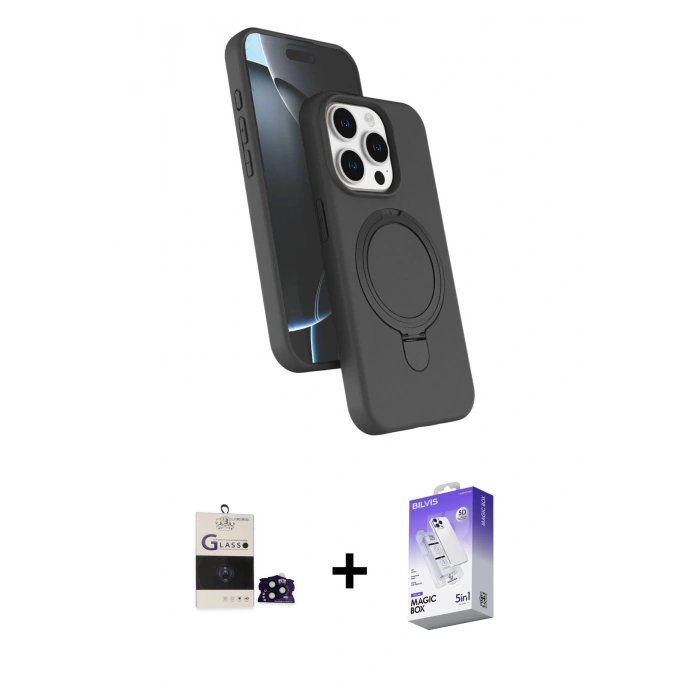 MARSİLYAN™- iPhone 14 Pro Max Kılıf İz Işık Koleksiyonu - Siyah Bilvis 5in1 3D Magic Cam Ekran Koruyucu + Bilvis Titan Kamera Lens - SH