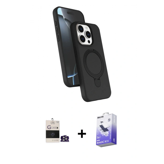 MARSİLYAN™- iPhone 14 Pro Max Kılıf İz Işık Koleksiyonu - Siyah Bilvis 5in1 5D Magic Hayalet Cam Ekran Koruyucu + Gümüş Bilvis Titan Kamera Lens