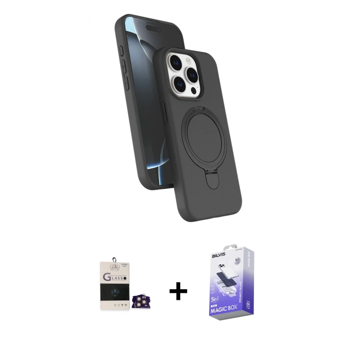 MARSİLYAN™- iPhone 14 Pro Max Kılıf İz Işık Koleksiyonu - Siyah Bilvis 5in1 5D Magic Hayalet Cam Ekran Koruyucu + Gold Bilvis Titan Kamera Lens