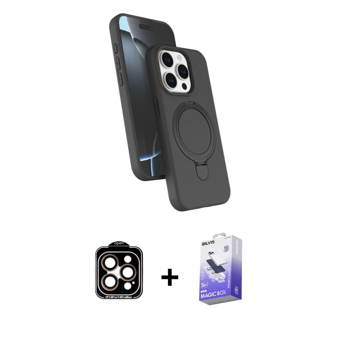 MARSİLYAN™- iPhone 14 Pro Max Kılıf İz Işık Koleksiyonu - Siyah Bilvis 5in1 5D Magic Hayalet Cam Ekran Koruyucu + PVD Metal Kamera Lens - TU