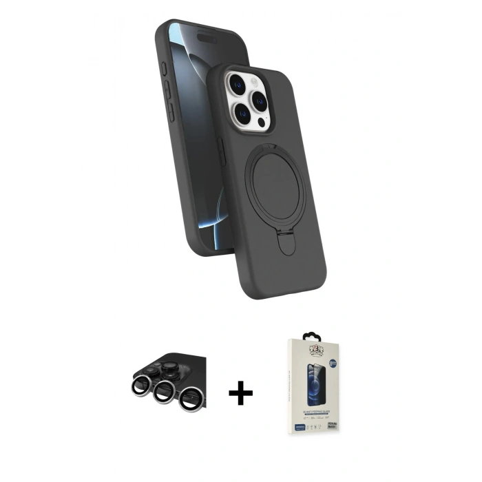 MARSİLYAN™- iPhone 14 Pro Max Kılıf İz Işık Koleksiyonu - Siyah Bilvis Hayalet Cam Ekran Koruyucu + Raze Metal Kamera Lens - GS