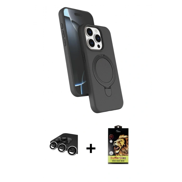 MARSİLYAN™- iPhone 14 Pro Max Kılıf İz Işık Koleksiyonu - Siyah Buffer Cam Ekran Koruyucu + Raze Metal Kamera Lens - GS