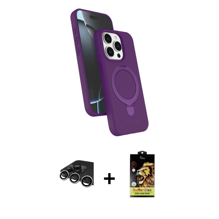 MARSİLYAN™- iPhone 14 Pro Max Kılıf İz Işık Koleksiyonu - Siyah Buffer Cam Ekran Koruyucu + Raze Metal Kamera Lens - GS