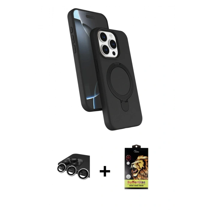 MARSİLYAN™- iPhone 14 Pro Max Kılıf İz Işık Koleksiyonu - Siyah Buffer Cam Ekran Koruyucu + Raze Metal Kamera Lens - GS