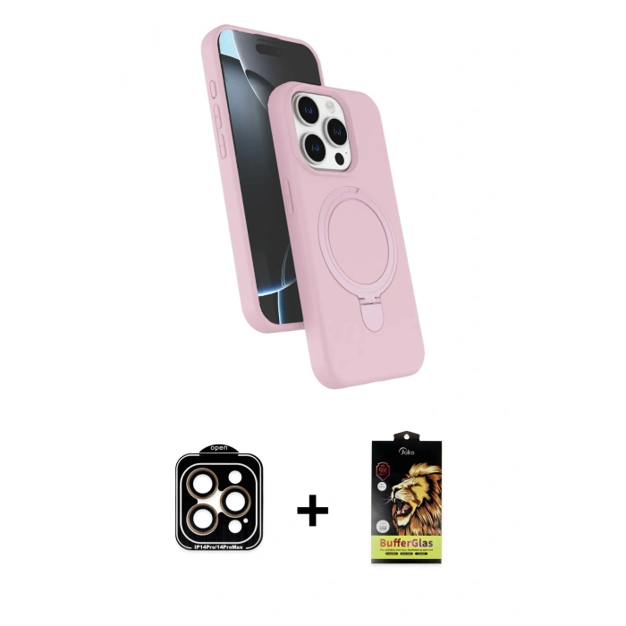 MARSİLYAN™- iPhone 14 Pro Max Kılıf İz Işık Koleksiyonu - Siyah Buffer Cam Ekran Koruyucu + Turuncu PVD Metal Kamera Lens