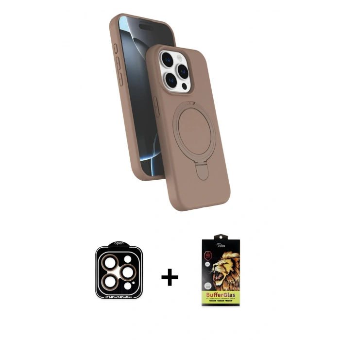 MARSİLYAN™- iPhone 14 Pro Max Kılıf İz Işık Koleksiyonu - Siyah Buffer Cam Ekran Koruyucu + Turuncu PVD Metal Kamera Lens